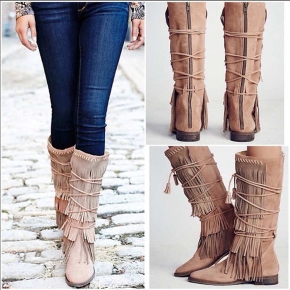 Free People x Faryl Robin Leather Fringe Boots Tan Western Cowgirl Sz 9 Festival